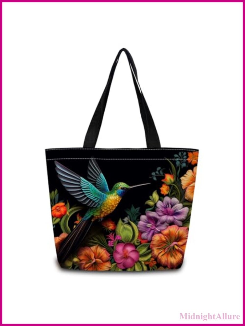 Floral Hummingbird Reusable Grocery Tote Bag Polyester Shoulder Bag